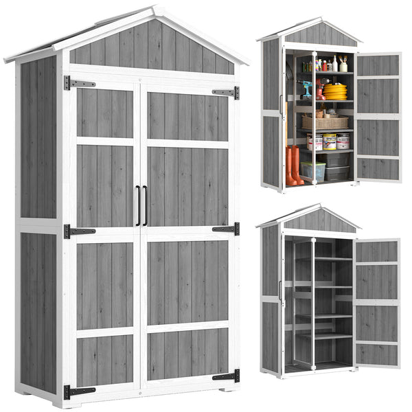 Armoire de Jardin en Bois - Abri de Jardin Extérieur Étanche avec Toit en Métal - Meuble de Rangement Terrasse à Double Porte pour Outils de Jardinage 105x55x179cm, Blanc et Gris