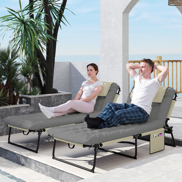 Lot de 2 transats bains de soleil pliable avec dossier inclinable 4 positions - appui-tête et Matelas épais ultra confortable - tissu textilène et acier, crème