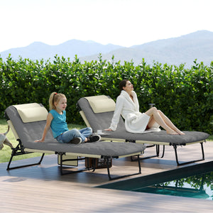 Lot de 2 transats bains de soleil pliable avec dossier inclinable 4 positions - appui-tête et Matelas épais ultra confortable - tissu textilène et acier, crème