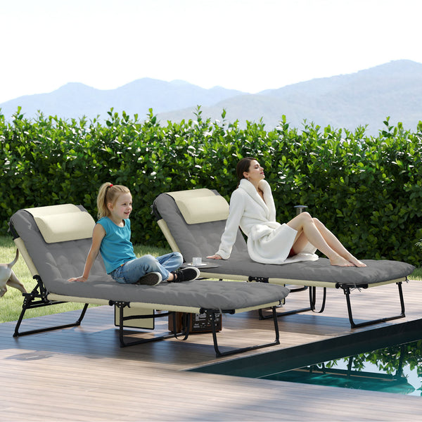 Lot de 2 transats bains de soleil pliable avec dossier inclinable 4 positions - appui-tête et Matelas épais ultra confortable - tissu textilène et acier, crème