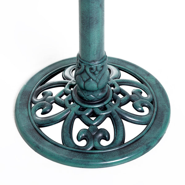 Bain d'oiseaux plateau de diamètre 50cm, abreuvoir oiseaux extérieur sur pied hauteur 69,5 cm, mangeoire oiseaux design coquille et décoration fleur-de-lys, érugineux
