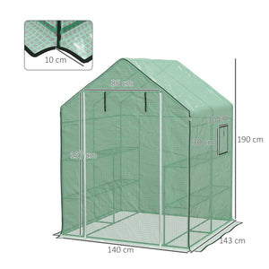 Serre de jardin PE avec étagères 3 niveaux, serre de balcon, bâche renforcée 135 g/m², châssis en acier, porte zippée enroulable, pour légumes plantes fleurs, 140x143x190cm, vert