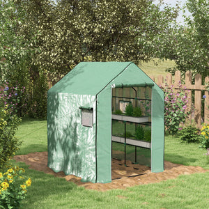 Serre de jardin PE avec étagères 3 niveaux, serre de balcon, bâche renforcée 135 g/m², châssis en acier, porte zippée enroulable, pour légumes plantes fleurs, 140x143x190cm, vert