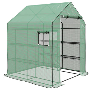 Serre de jardin PE avec étagères 3 niveaux, serre de balcon, bâche renforcée 135 g/m², châssis en acier, porte zippée enroulable, pour légumes plantes fleurs, 140x143x190cm, vert