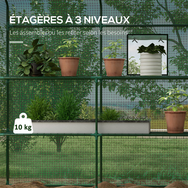 Serre de jardin PE avec étagères 3 niveaux, serre de balcon, bâche renforcée 135 g/m², châssis en acier, porte zippée enroulable, pour légumes plantes fleurs, 140x143x190cm, vert