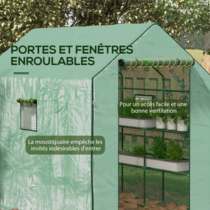 Serre de jardin PE avec étagères 3 niveaux, serre de balcon, bâche renforcée 135 g/m², châssis en acier, porte zippée enroulable, pour légumes plantes fleurs, 140x143x190cm, vert