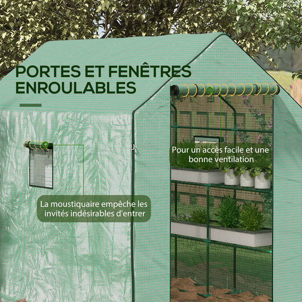 Serre de jardin PE avec étagères 3 niveaux, serre de balcon, bâche renforcée 135 g/m², châssis en acier, porte zippée enroulable, pour légumes plantes fleurs, 140x143x190cm, vert