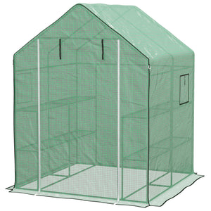 Serre de jardin PE avec étagères 3 niveaux, serre de balcon, bâche renforcée 135 g/m², châssis en acier, porte zippée enroulable, pour légumes plantes fleurs, 140x143x190cm, vert