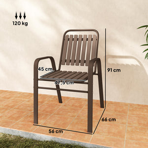 Lot de 4 chaises de jardin chaises empilables d'extérieur avec haut dossier et accoudoirs, cadre en acier pour jardin, piscine, terrasse, marron foncé