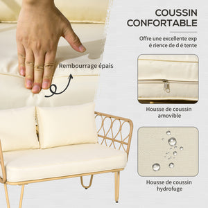 Ensemble salon de jardin 4 pièces canapé 2 places + 2 fauteuils + 1 table basse plateau verre trempé 7 coussins - métal et résine tressée - écru