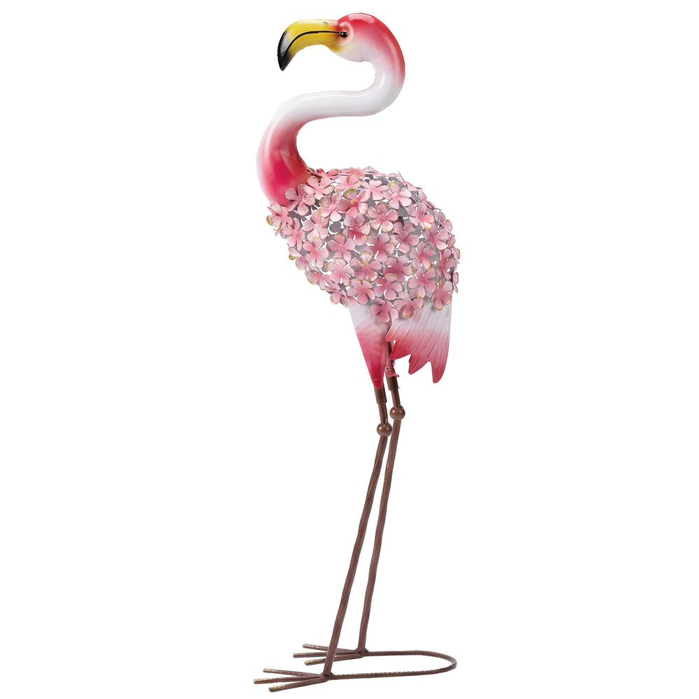 Statue de Jardin Flamant Rose, Sculpture d'Oiseau en Métal avec Plumes Florales, Décoration Extérieure avec Piquets de Fixation pour Jardin, Terrasse ou Paysage, Rouge
