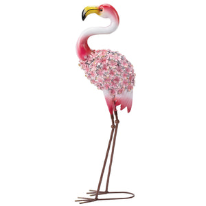 Statue de Jardin Flamant Rose, Sculpture d'Oiseau en Métal avec Plumes Florales, Décoration Extérieure avec Piquets de Fixation pour Jardin, Terrasse ou Paysage, Rouge