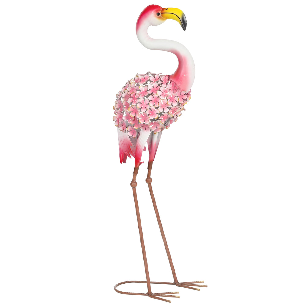 Statue de Jardin Flamant Rose, Sculpture d'Oiseau en Métal avec Plumes Florales, Décoration Extérieure avec Piquets de Fixation pour Jardin, Terrasse ou Paysage, Rouge