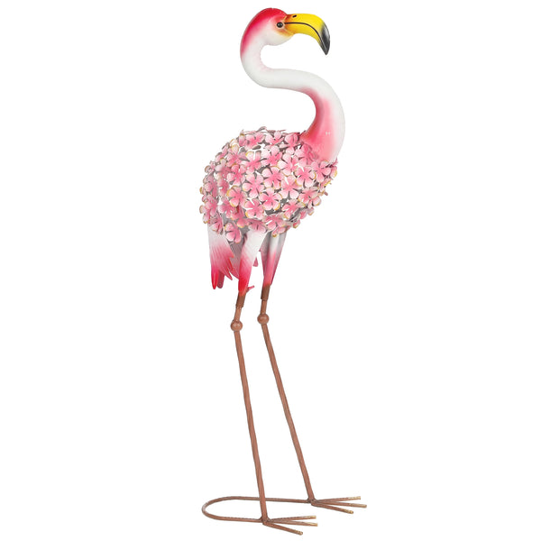 Statue de Jardin Flamant Rose, Sculpture d'Oiseau en Métal avec Plumes Florales, Décoration Extérieure avec Piquets de Fixation pour Jardin, Terrasse ou Paysage, Rouge