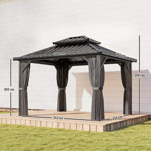 Pavillon 3 x 3,6 m avec Toit Rigide en Acier Galvanisé, Protection UPF50+, Cadre en Aluminium, Rideaux et Moustiquaire, Crochet de Plafond, Gris Foncé