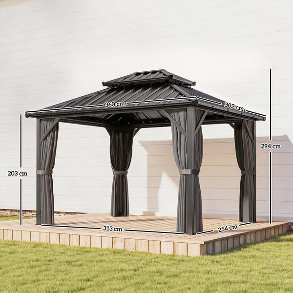 Pavillon 3 x 3,6 m avec Toit Rigide en Acier Galvanisé, Protection UPF50+, Cadre en Aluminium, Rideaux et Moustiquaire, Crochet de Plafond, Gris Foncé