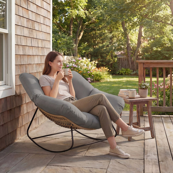 Fauteuil à bascule avec coussin résistant aux intempéries Fauteuil de jardin jusqu'à 120 kg fauteuil relax extérieur pour salon, jardin, pelouse, balcon, véranda Gris