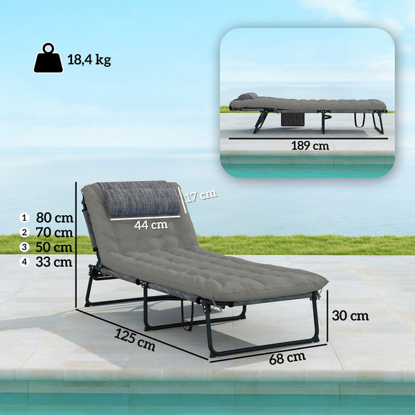 Lot de 2 transats bains de soleil pliable avec dossier inclinable 4 positions - appui-tête et Matelas épais ultra confortable - tissu textilène et acier, gris