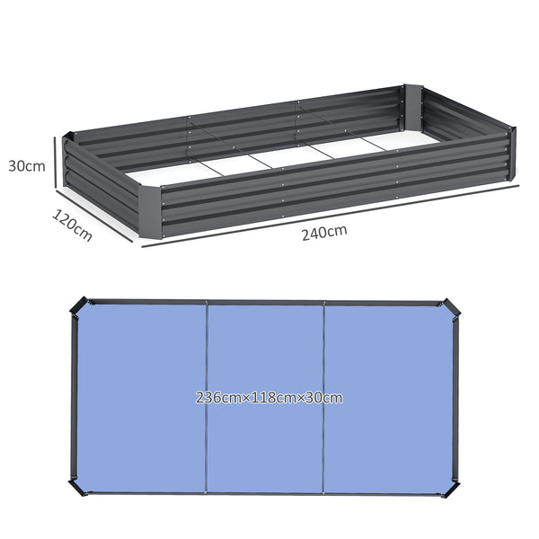 Jardinière extérieure, carré potager de jardin rectangulaire, avec bordure de sécurité et fond ouvert, pour fleurs, herbes, 240 x 120 x 30 cm, gris foncé