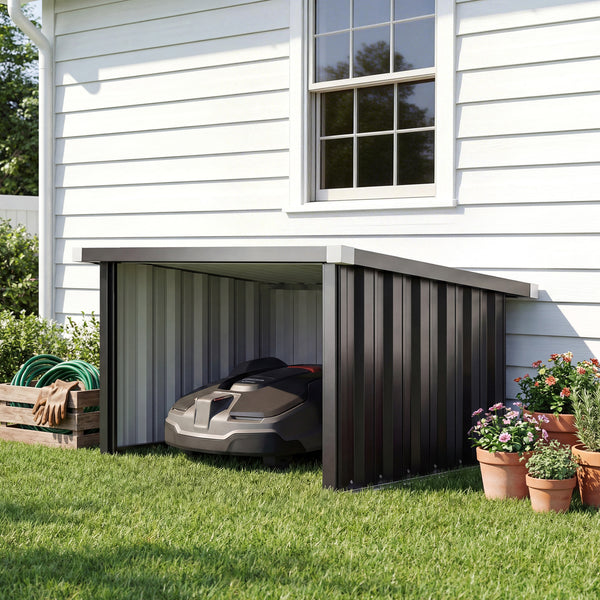 Abri Robot Tondeuse 108 x 86 x 62,5 cm, Garage pour Robot Tondeuse avec Toit Incliné en Acier Galvanisé, pour Tondeuse Robot, Montage Facile, Gris Foncé