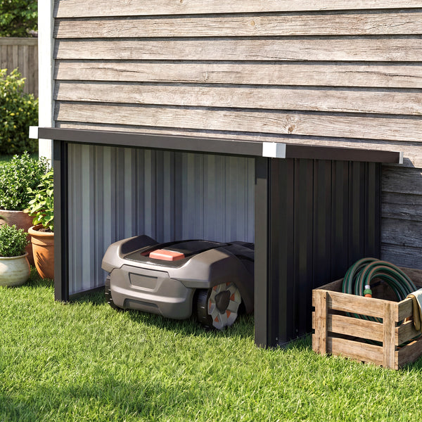Abri Robot Tondeuse 108 x 86 x 62,5 cm, Garage pour Robot Tondeuse avec Toit Incliné en Acier Galvanisé, pour Tondeuse Robot, Montage Facile, Gris Foncé