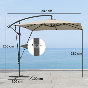 Parasol déporté 2,5 x 2,5 m, parasol de jardin extérieur, Toile ajustable, 8 baleines, base en croix et manivelle, Housse de Protection, kaki