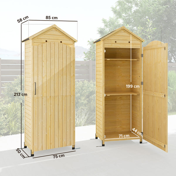 Armoire de Jardin en Bois - Abri de Jardin 213cm de Haut avec Toit en Métal Galvanisé - Remise à Outils à Long Manche, Texture Gaufrée et Étagères Réglables pour Terrasse, Bois Naturel