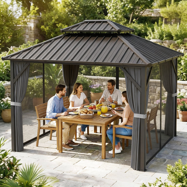 Pavillon 3 x 3,6 m avec Toit Rigide en Acier Galvanisé, Protection UPF50+, Cadre en Aluminium, Rideaux et Moustiquaire, Crochet de Plafond, Gris Foncé