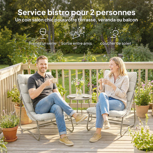 - Salon bistro 3 pièces pour 2 personnes, table ronde et chaises d'extérieur avec assise en textilène et coussins, mobilier de jardin en métal pour patio et balcon, gris clair