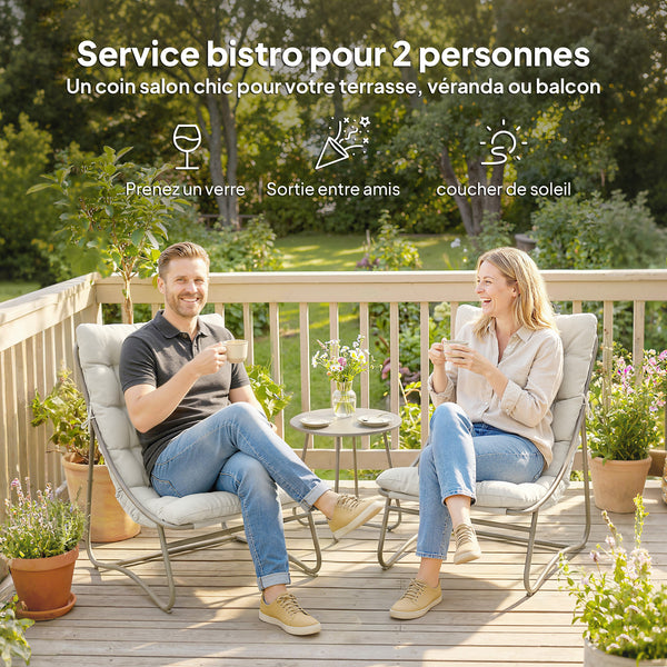 - Salon bistro 3 pièces pour 2 personnes, table ronde et chaises d'extérieur avec assise en textilène et coussins, mobilier de jardin en métal pour patio et balcon, gris clair