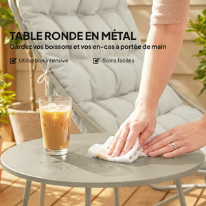 - Salon bistro 3 pièces pour 2 personnes, table ronde et chaises d'extérieur avec assise en textilène et coussins, mobilier de jardin en métal pour patio et balcon, gris clair