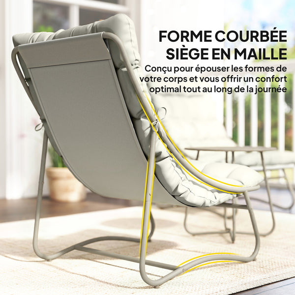 - Salon bistro 3 pièces pour 2 personnes, table ronde et chaises d'extérieur avec assise en textilène et coussins, mobilier de jardin en métal pour patio et balcon, gris clair