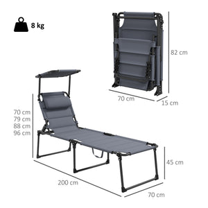 Bain de soleil, chaise longue pliante avec pare-soleil, appuie-tête en tissu Oxford, transat jardin extérieur inclinable de plage camping piscine terrasse 70 x 200 x 45 cm gris