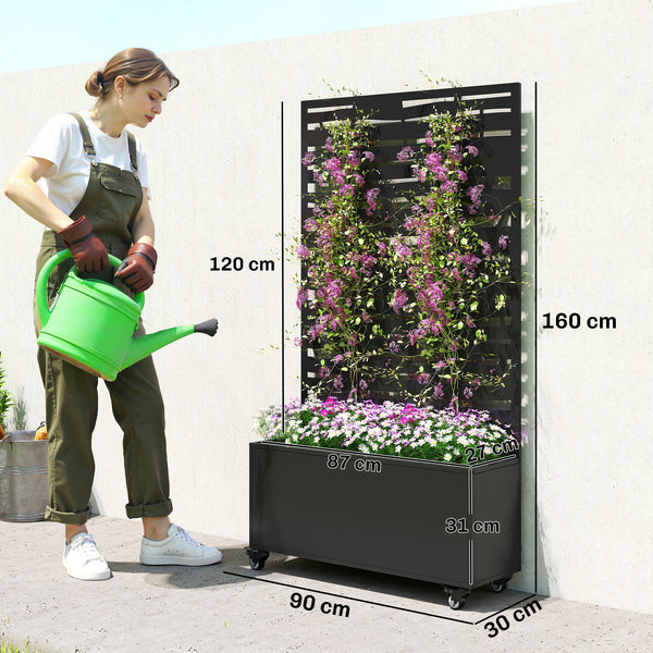 Jardinière avec treillis, bac à fleurs en métal, lit surélevé avec brise-vue et roues, treillis découpé en lattes pour plantes grimpantes, légumes, fleurs, 90 x 30 x 160 cm, noir
