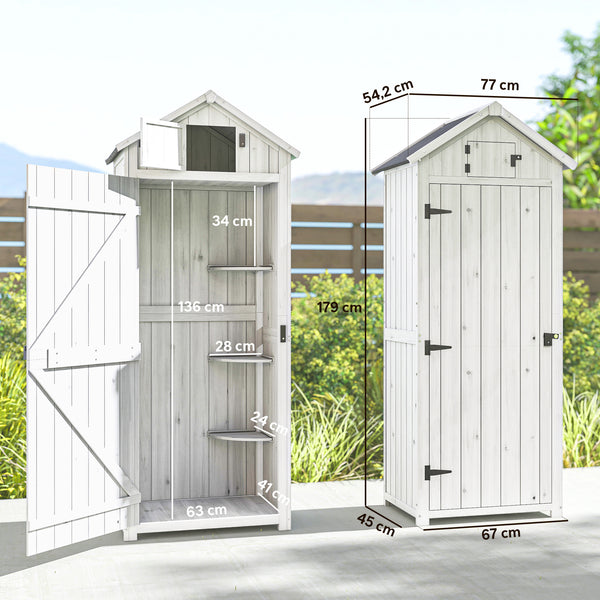 Armoire de Jardin Extérieur, Abri de Jardin en Bois, Abri pour Outils, 3 Étagères, 2 Portes à Loquets, Toit en Pente Bitumé, 77L x 54l x 179H cm, Sapin Traité, Gris Clair