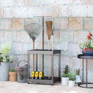 Organisateur d'outils de jardin, support à outils de jardin 16 compartiments à 2 niveaux avec coussinets réglables pour sécateurs, pelles, râteaux, pour abri, garage, noir
