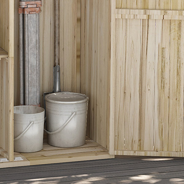Armoire de jardin, armoire de rangement en bois, 2 étagères, 2 portes magnétiques, toit incliné, compartiment droit spacieux, 120 x 57 x 183 cm, bois naturel