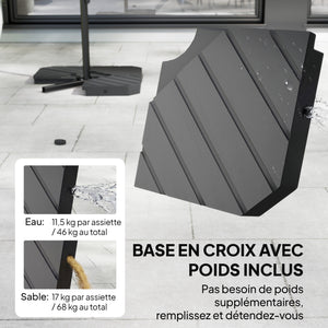 Parasol déporté 3 m avec pied en croix et dalles lestage, parasol de jardin extérieur avec manivelle et loquet de verrouillage, toile polyester 180 g/m², protection UV 30+, crème