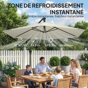 Parasol déporté 3 m avec pied en croix et dalles lestage, parasol de jardin extérieur avec manivelle et loquet de verrouillage, toile polyester 180 g/m², protection UV 30+, crème