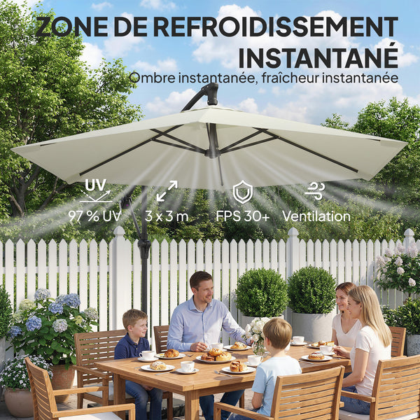 Parasol déporté 3 m avec pied en croix et dalles lestage, parasol de jardin extérieur avec manivelle et loquet de verrouillage, toile polyester 180 g/m², protection UV 30+, crème