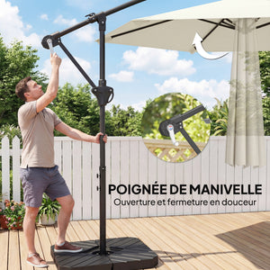 Parasol déporté 3 m avec pied en croix et dalles lestage, parasol de jardin extérieur avec manivelle et loquet de verrouillage, toile polyester 180 g/m², protection UV 30+, crème