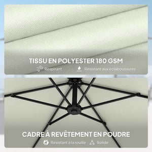 Parasol déporté 3 m avec pied en croix et dalles lestage, parasol de jardin extérieur avec manivelle et loquet de verrouillage, toile polyester 180 g/m², protection UV 30+, crème