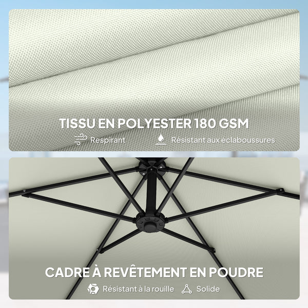 Parasol déporté 3 m avec pied en croix et dalles lestage, parasol de jardin extérieur avec manivelle et loquet de verrouillage, toile polyester 180 g/m², protection UV 30+, crème