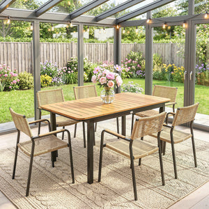 Table de Jardin pour 6 Personnes, 127 x 70 cm, Table d'Extérieur avec Plateau à Lattes en Bois Plastique, Cadre en Métal, Patins Réglables, Mobilier pour Balcon, Terrasse, Marron