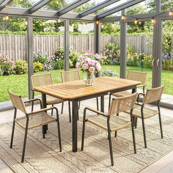 Table de Jardin pour 6 Personnes, 127 x 70 cm, Table d'Extérieur avec Plateau à Lattes en Bois Plastique, Cadre en Métal, Patins Réglables, Mobilier pour Balcon, Terrasse, Marron