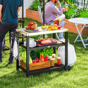 Desserte plancha extérieure avec plan de travail en acier inoxydable, chariot de barbecue avec étagères, desserte de jardin avec crochets, porte-serviettes, 2 roues, 102x50x81cm, gris charbon