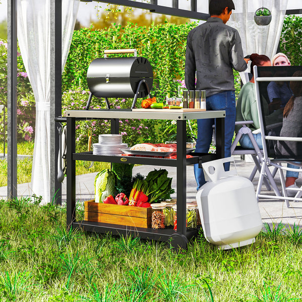 Desserte plancha extérieure avec plan de travail en acier inoxydable, chariot de barbecue avec étagères, desserte de jardin avec crochets, porte-serviettes, 2 roues, 102x50x81cm, gris charbon