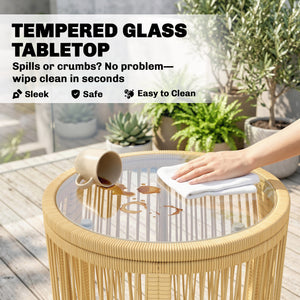 Ensemble bistro en rotin 3 pièces, 2 chaises de jardin, table en verre, coussins lavables, ensemble ergonomique pour balcon, salon de jardin pour jardin, terrasse, beige