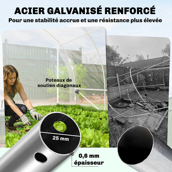Serre tunnel de jardin 18m², serre de jardin tunnel 296x597x199cm avec cadre acier galvanisé, 2 portes, bâche PE haute densité 150g/m² prolongée de 20 cm, pour extérieur transparent