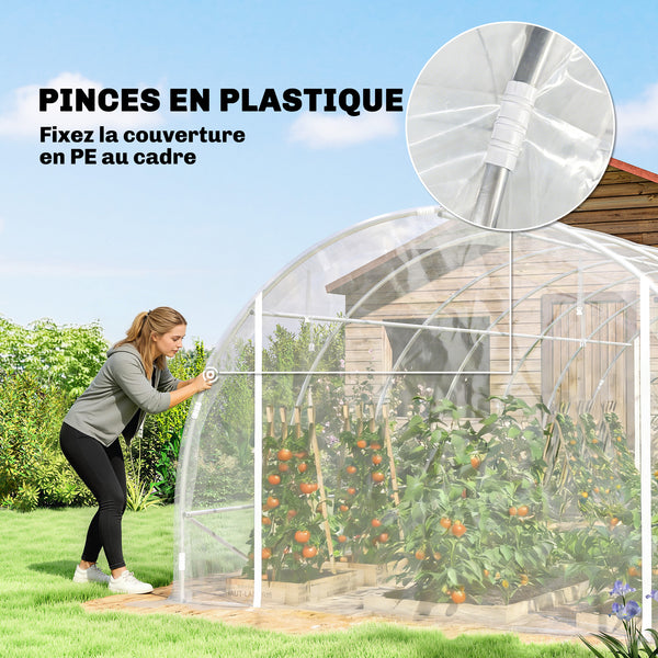 Serre tunnel de jardin 18m², serre de jardin tunnel 296x597x199cm avec cadre acier galvanisé, 2 portes, bâche PE haute densité 150g/m² prolongée de 20 cm, pour extérieur transparent